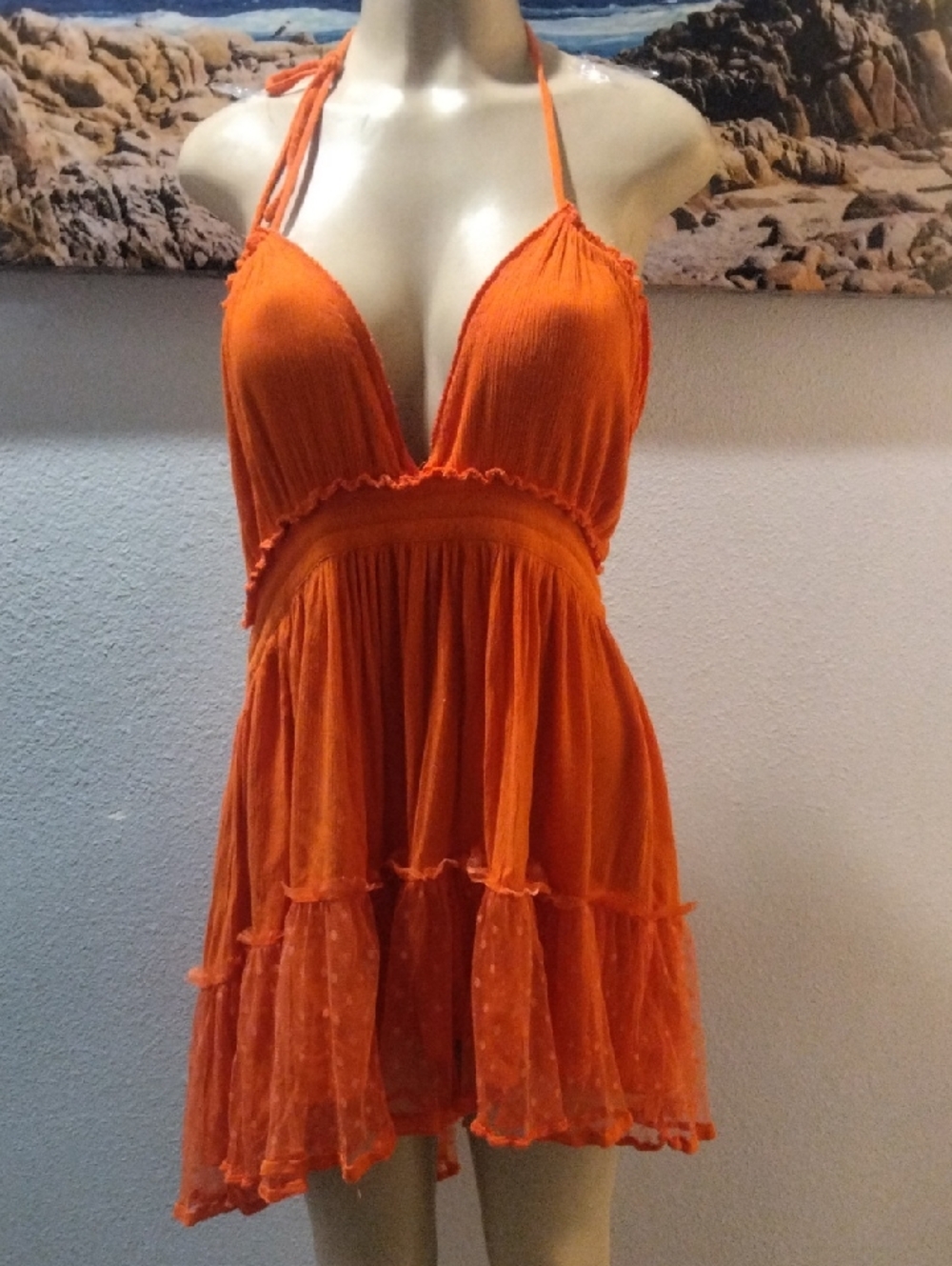 Sleeveless Orange Halter Mini Dress with Tiered Skirt
